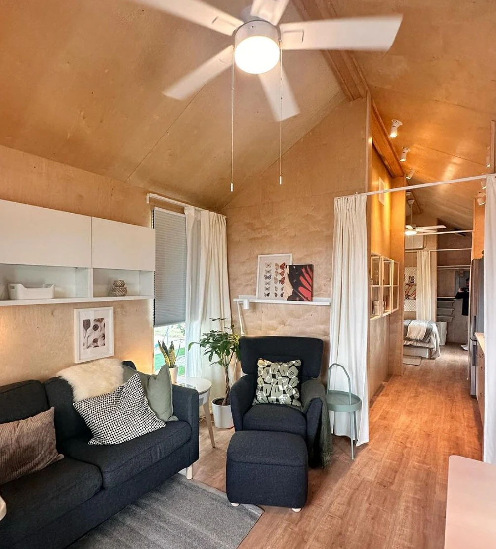 Bedroom area of the 34m² IKEA tiny house — intimate and well-designed sleeping space